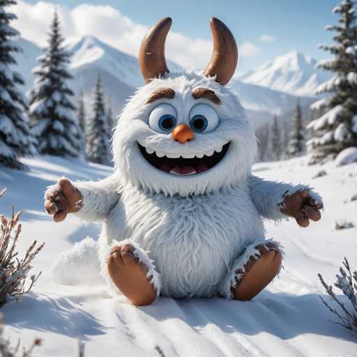 A white snowman with orange horns and a red nose is sitting on the ground surrounded by snow-covered trees and bushes.