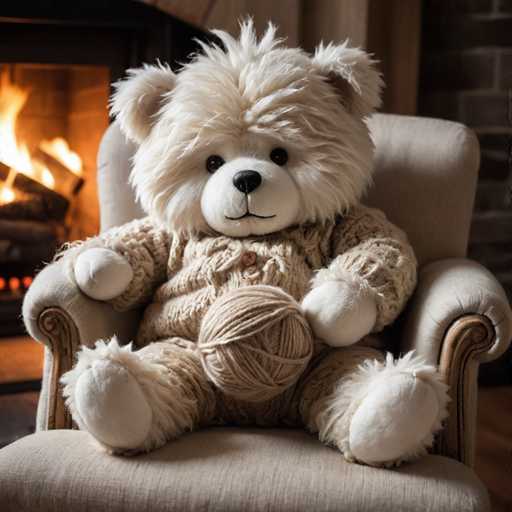 A white teddy bear is sitting on a beige armchair with its arms and legs spread out in front of it. The teddy bear has a brown sweater on and is holding a ball of yarn in its paws.