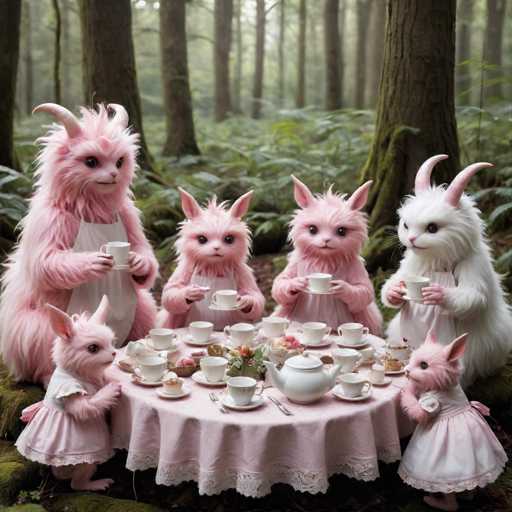 A group of pink stuffed animals are gathered around a table with tea cups and saucers on it. The table is covered by a white tablecloth and surrounded by trees.