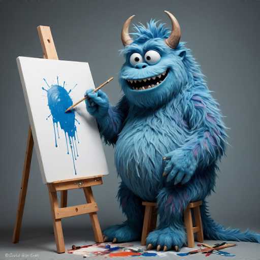 A blue monster with large horns and a big smile is sitting on a stool next to an easel that has paint splatters on it. The monster appears to be painting something on the canvas using a brush.