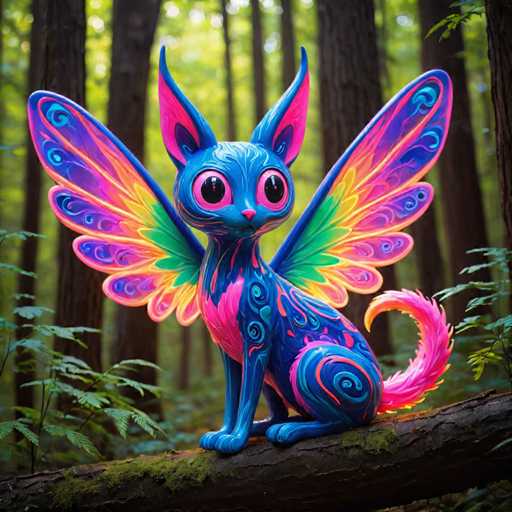 The image depicts a blue and pink cat statue perched on a tree branch within a forest setting. The cat is adorned with wings that extend from its body, adding a whimsical touch to the scene. The background features lush green trees and foliage, creating a sense of depth and natural beauty.