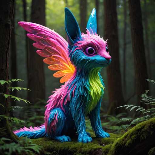 A colorful bird sculpture with blue wings and a pink body is perched on a mossy log in the middle of a forest. The background features tall trees and lush green foliage.
