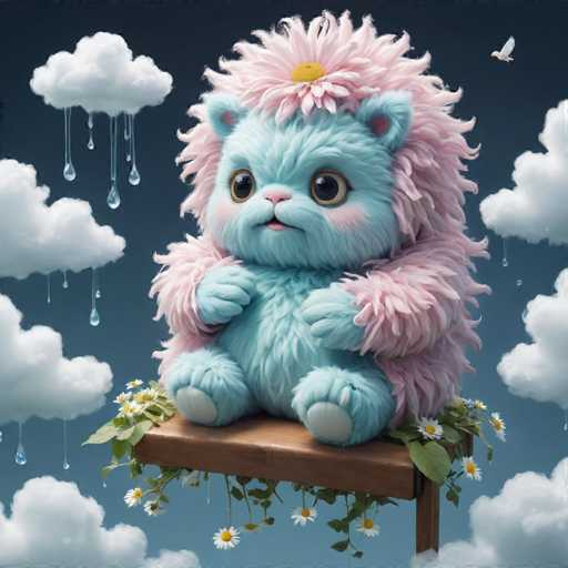 A blue stuffed animal cat is sitting on a wooden table covered with white flowers and surrounded by fluffy clouds against a dark blue sky.