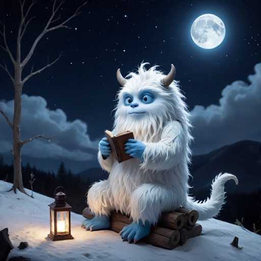 A white snowman is sitting on a log with its arms and legs spread out, holding a book in one hand and a lantern in the other. The scene takes place under a full moon against a dark sky backdrop of trees and mountains.