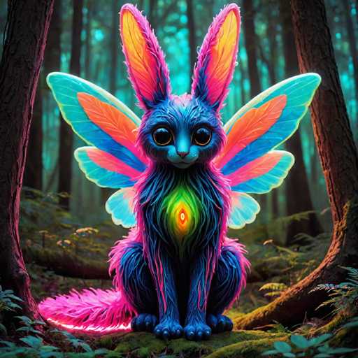 The image depicts a cat with wings and a green heart on its chest, sitting on moss-covered ground surrounded by trees and foliage. The cat's fur is a vibrant mix of blue, pink, and purple colors, creating an otherworldly appearance.