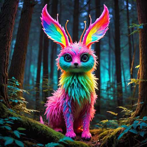 The image depicts a whimsical scene set in a forest. At the center of the frame is a cartoon rabbit with pink fur and wings, sitting on a mossy log surrounded by lush green foliage. The rabbit's ears are pointed upwards, giving it an ethereal appearance.