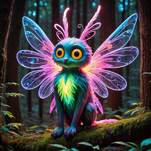 The image depicts a whimsical creature with wings and antennae, sitting on a tree branch surrounded by lush green foliage. The creature has vibrant blue fur and yellow eyes that give it an ethereal appearance. The background is dark and filled with trees, creating a sense of depth and mystery around the creature's location in the forest.