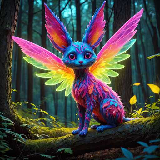 The image depicts a cat with wings and vibrant colors perched on a tree branch within a forest setting. The cat's wings are a mix of pink, blue, green, and yellow hues, creating a visually striking scene against the backdrop of the lush trees and foliage in the background.