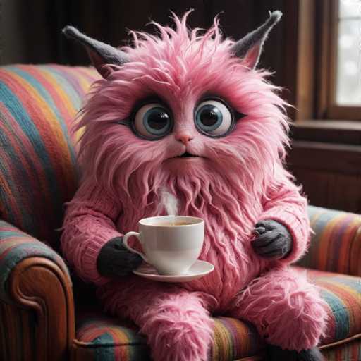 A pink monster with long hair and large ears is sitting on a striped chair holding a white cup of coffee.