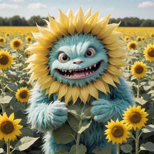 A blue monster with large yellow eyes and teeth is standing in a field filled with sunflowers. The monster has its arms outstretched as if reaching for the sky or perhaps trying to grab one of the sunflowers.