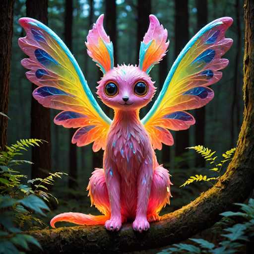 A pink and purple fairy with wings is sitting on a tree branch surrounded by green leaves in a forest setting.