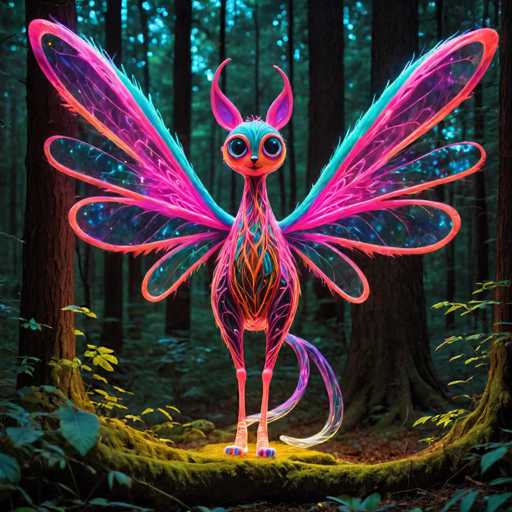 The image depicts an animated creature with wings and a tail, standing on a mossy log surrounded by trees and foliage. The creature has pink and purple wings that match the color of its body, giving it a vibrant appearance. The creature is facing towards the right side of the image, as if ready to take flight or explore the forest.