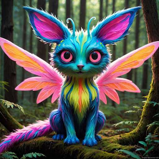 The image depicts a whimsical creature with blue fur and pink wings perched on a tree branch in a forest setting. The creature has large, round eyes and a small nose, giving it an endearing appearance. The background is filled with trees and foliage, creating a sense of depth and natural surroundings for the creature.
