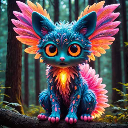 A blue cat with pink and orange wings is sitting on a tree branch surrounded by green trees and foliage.