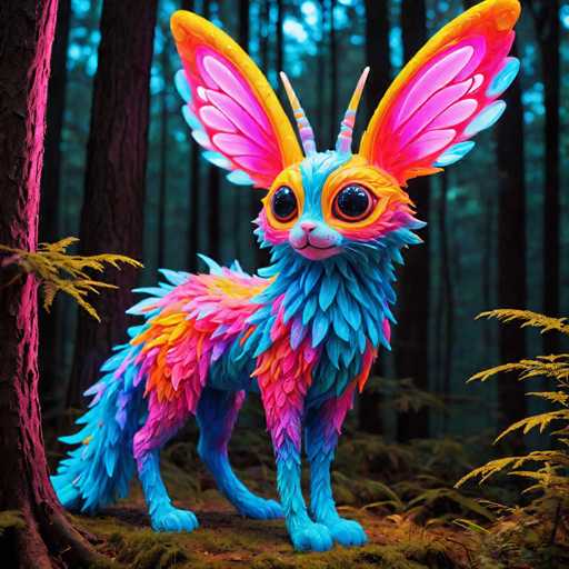 The image depicts a vibrant and colorful bird sculpture standing on its hind legs with wings spread wide open. The bird is adorned with blue feathers that contrast beautifully against the pink and yellow accents of its body. The background features a forest setting with trees and foliage in shades of green and brown, providing a natural backdrop to the whimsical creature.