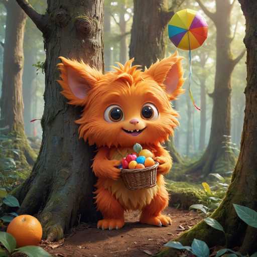 A cartoon rabbit with orange fur and a large nose is standing on a dirt path surrounded by trees and bushes. The rabbit has a basket of colorful fruits attached to its back and is holding an umbrella in one hand while the other hand is raised in the air as if it's waving at someone.
