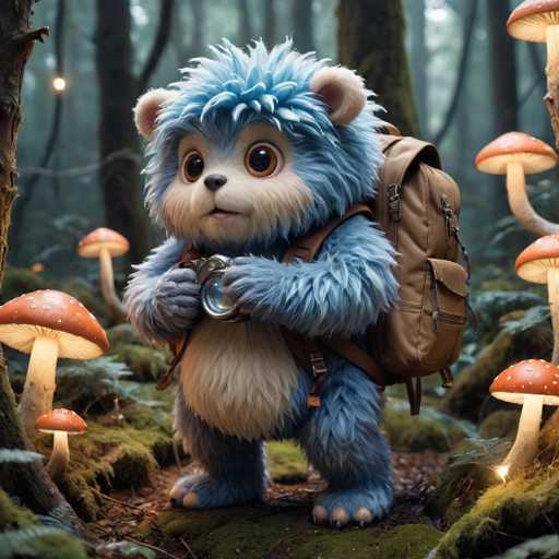 A blue stuffed animal with a backpack is standing on mossy ground surrounded by mushrooms and trees in a forest setting.