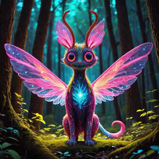 The image depicts a cat with wings and a tail, sitting on a rock surrounded by trees and plants. The cat has pink ears and a pink body, giving it a whimsical appearance. The background is dark green, providing a contrast to the colorful cat.