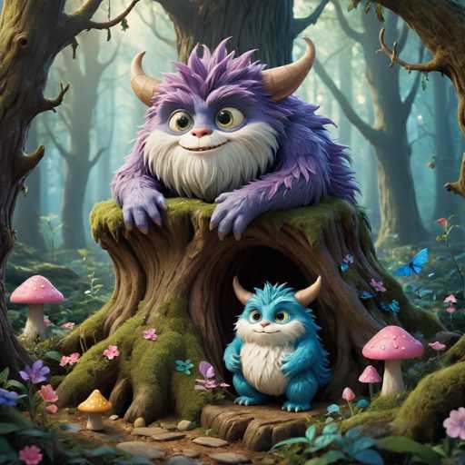 The image depicts two cartoon characters - a purple monster with horns and a blue monster with a long neck - sitting on the trunk of a tree surrounded by mushrooms and flowers. The background is filled with trees and foliage, creating an immersive forest setting for the creatures.