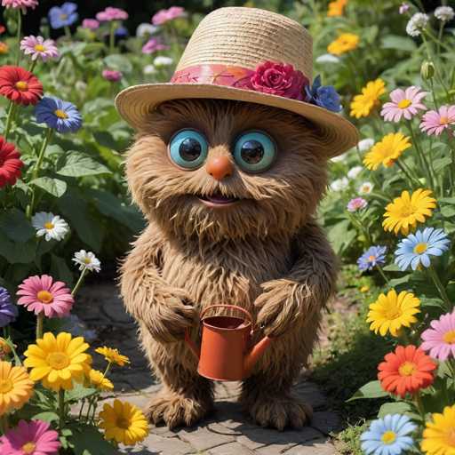A brown stuffed animal with blue eyes and a straw hat is holding an orange watering can while standing on a brick path surrounded by colorful flowers.