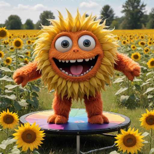 The image shows an orange monster with a yellow body and white spots standing on a colorful platform surrounded by sunflowers. The monster has its arms raised high above its head and is smiling brightly.