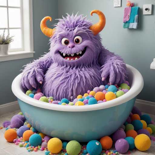 A purple monster with orange horns is sitting inside a blue bathtub filled with multicolored balls and beads.