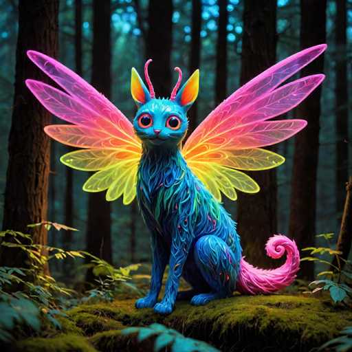 The image depicts a blue cat with wings and a pink tail sitting on a mossy rock surrounded by trees and foliage. The cat's wings are spread out behind it, creating an impression of movement or flight.