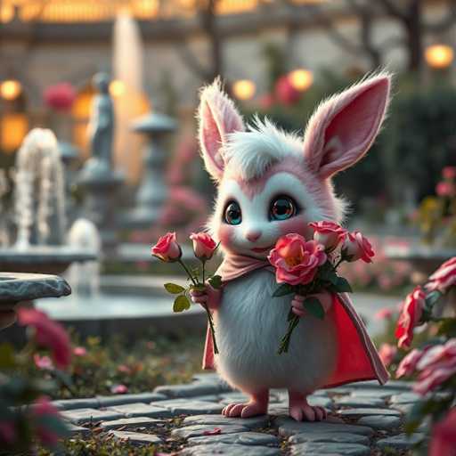 A pink bunny with white ears and a red bow is standing on a stone path surrounded by pink flowers. The bunny has a bouquet of pink roses in its paws and is holding them up to the camera.