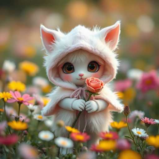 A white doll with pink ears and a pink nose is holding a rose in its right hand while standing in a field of flowers.