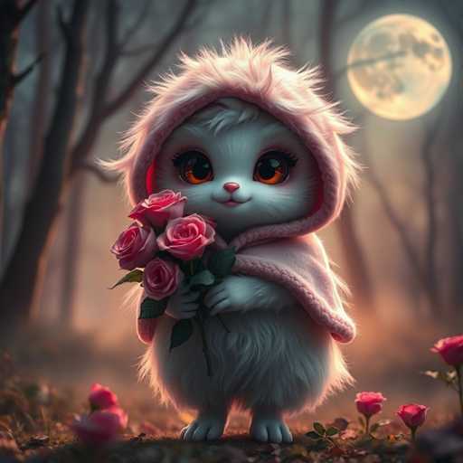A white rabbit with pink fur is standing on a bed of leaves and flowers, holding a bouquet of pink roses in its paws. The background features trees and bushes under a full moon.