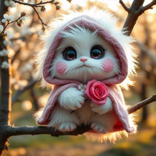 A white stuffed animal cat is perched on a tree branch with its paws resting on the bark and holding a pink rose in its mouth. The background features a blurred garden scene of trees and bushes.
