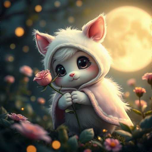 The image depicts a white cat wearing a pink hoodie and holding a rose in its paws. The cat is standing on a bed of flowers with green leaves surrounding it. In the background, there is a full moon visible behind the cat.