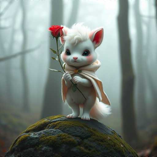 A white cat figurine is standing on a rock in a forest setting, holding a red rose and wearing a white cape with green leaves attached.