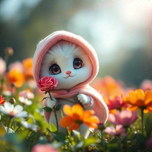A white stuffed animal with pink eyes and a pink hood is holding a red rose in its lap. The background features a field of flowers in various colors including orange, yellow, and pink.