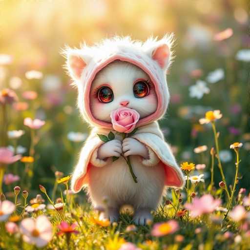 A white cat with pink eyes and ears is standing on a grassy field surrounded by flowers of various colors including pink, yellow, orange, and purple. The cat has a pink flower in its mouth and is wearing a white hooded sweater.