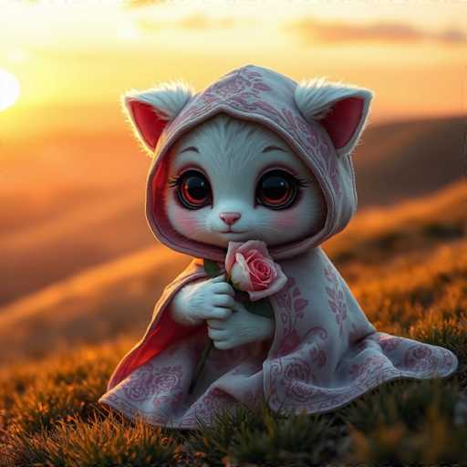 A white cat with pink eyes and a hooded blanket is sitting on the grass at sunset.