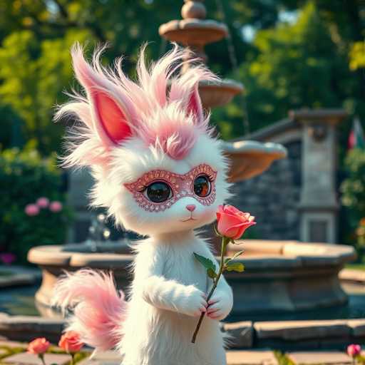 A white stuffed animal with pink hair and a red mask is holding a rose in its left hand while standing on a stone platform surrounded by lush green trees and bushes.