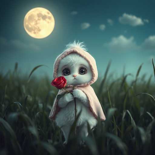 A white rabbit with black eyes and a pink hood is standing on the grass in front of a full moon. The rabbit has a red rose in its paws.
