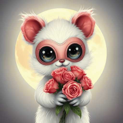 The image depicts a white rabbit with pink ears and eyes holding a bouquet of red roses against the backdrop of a full moon.