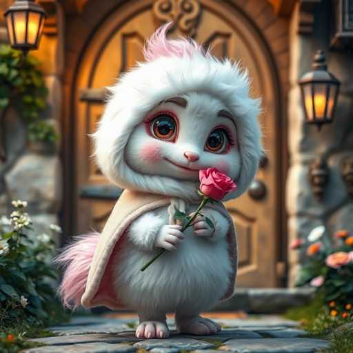 A white stuffed animal with pink fur is standing on a stone path and holding a rose in its paws. The background features an archway and lanterns hanging from it, creating a whimsical atmosphere.
