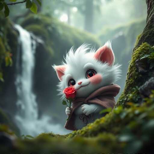 A white cat with pink ears and a brown coat is sitting on a rock next to a waterfall. The cat has a red rose in its paws and is looking directly at the camera.