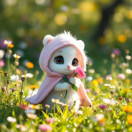 A white cat figurine is sitting on a grassy field with pink flowers and yellow flowers surrounding it. The cat has a pink hood and is holding a pink rose in its paws.