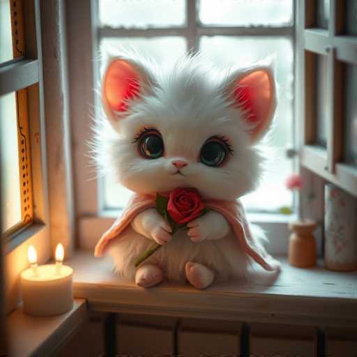 A white stuffed cat is sitting on a windowsill next to a lit candle and holding a red rose.