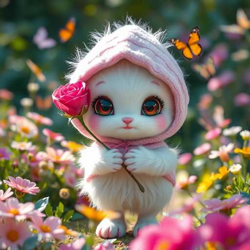 A white cat with pink ears and a pink hood is holding a rose in its paws while standing on a bed of flowers.
