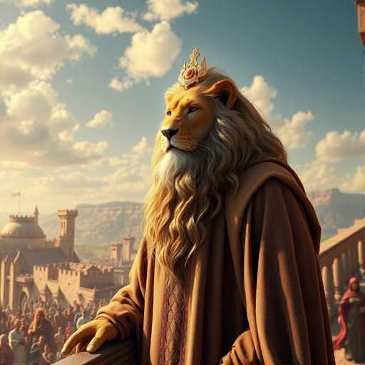 The image depicts a majestic lion standing on a balcony overlooking a bustling city below. The lion is adorned with a golden crown and a robe of brown and gold hues, giving it an air of regality and power. In the background, there are buildings that add depth to the scene, suggesting a blend of nature and human-made structures.

The image also contains text elements such as "What", "Who", "Where", "When", and "How". However, these details do not seem relevant or significant in this particular context.