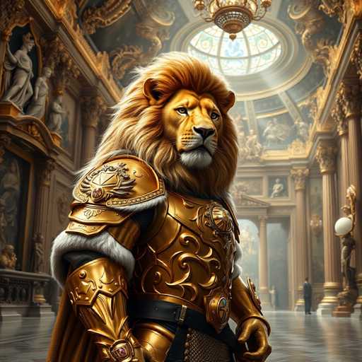 The image depicts a majestic lion standing in front of an ornate room with gold accents and a large window that allows natural light to illuminate the space. The lion is adorned in a golden armor suit, complete with a helmet and a sword at its side. A chandelier hangs from the ceiling above the lion's head, casting a warm glow throughout the room. In the background, there are statues of people and animals, adding to the grandeur of the scene.