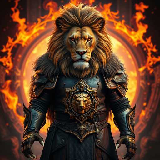 The image depicts a lion standing in front of a fiery archway or gate with flames emanating from it. The lion is wearing a suit of armor and has a lion's head on its chest. The background features a circular pattern that adds to the overall composition of the scene.