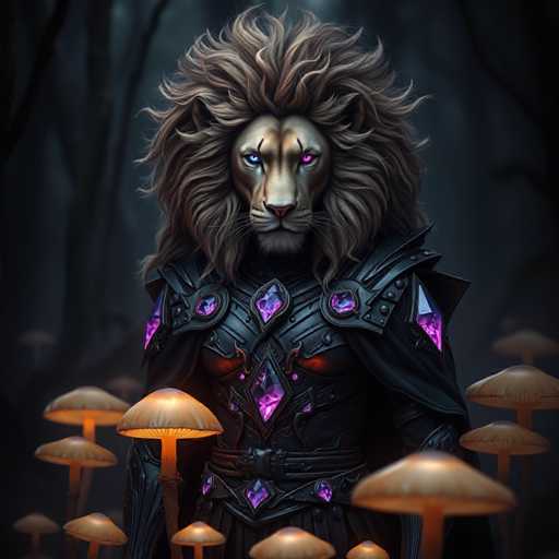 The image depicts a lion with blue eyes and a purple mane standing amidst mushrooms. The lion is wearing a black suit adorned with purple jewels and has a sword at its side. The background of the image is dark and filled with trees, creating an atmosphere of mystery and adventure.