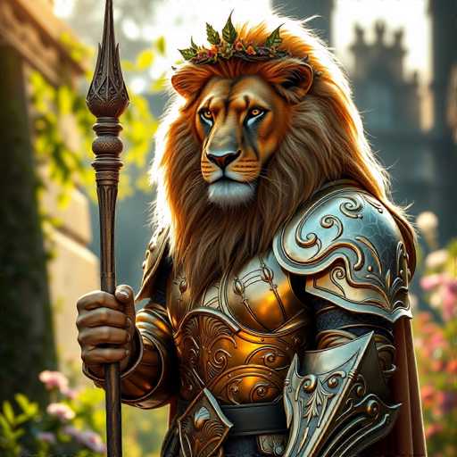 The image depicts a majestic lion standing in a garden with a castle-like structure in the background. The lion is adorned with a crown and a wreath of leaves on its head, suggesting it may be a deity or a ruler. The lion holds a staff in one hand and a spear in the other, indicating that it might be a protector or leader.