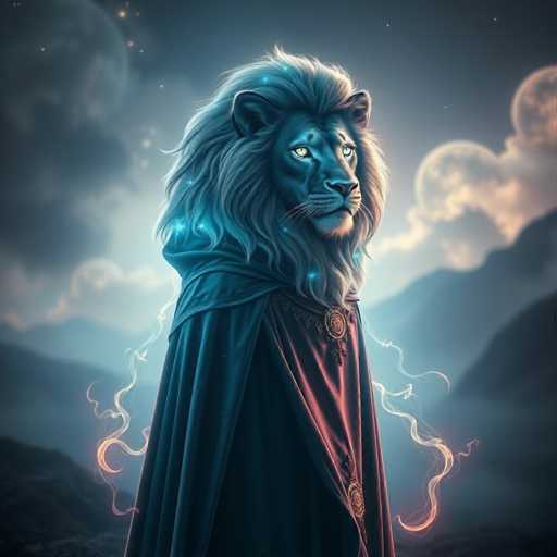 The image depicts a majestic lion standing tall and proud on a rocky cliff face. The lion is adorned with a blue cape that billows out behind it, creating an aura of power and authority. The backdrop features a dark sky filled with clouds, adding to the dramatic effect of the scene. The lion's gaze is directed straight at the camera, exuding confidence and strength.